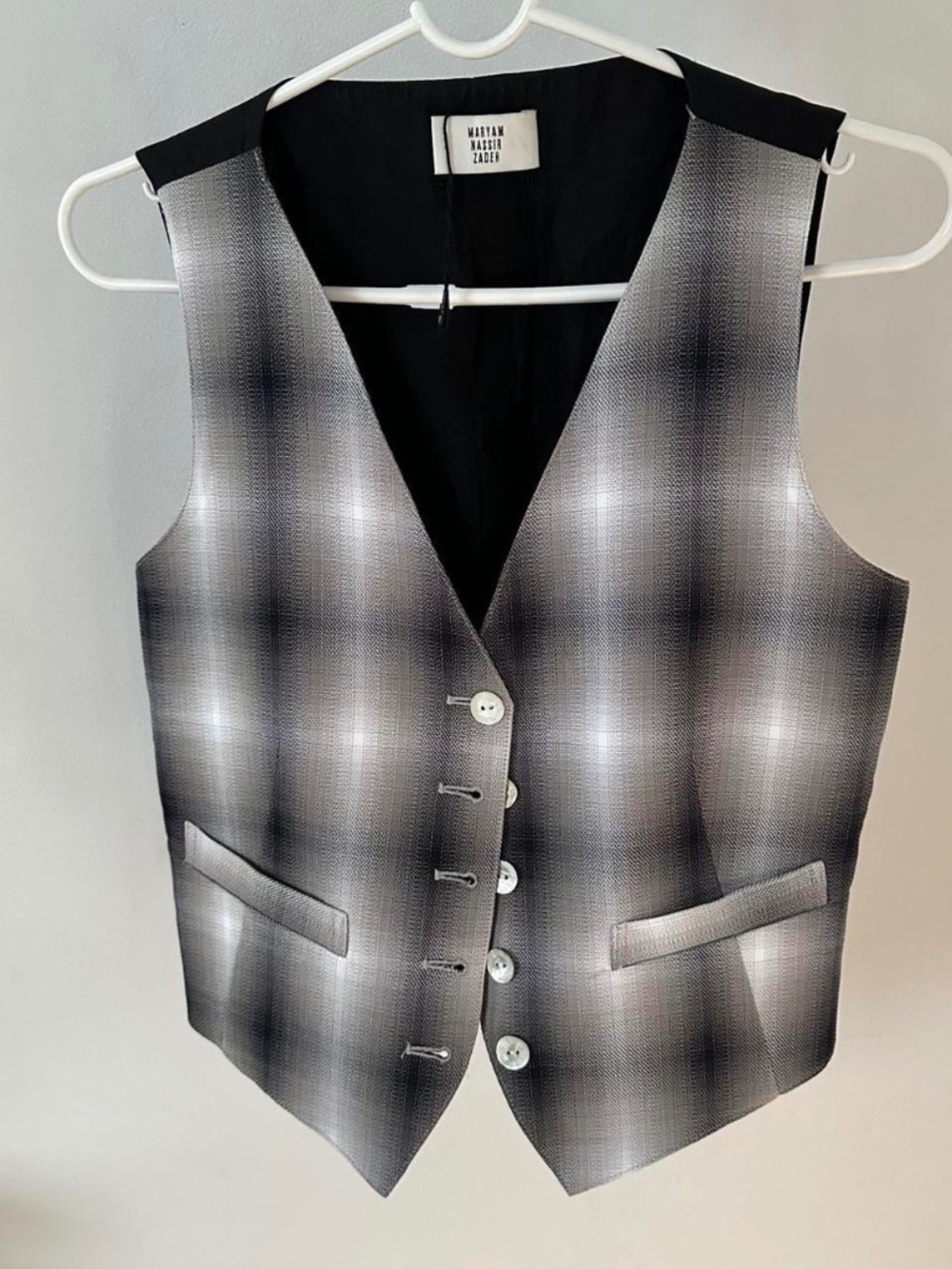 Maryam Nassir Zadeh plaid vest button waistcoat top silk linen black grey 6